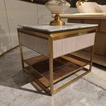Square Marble-Top Sofa Side Table with Ribbed Drawer, Smoked Glass Shelf and Gold-Tone Stainless Steel Frame